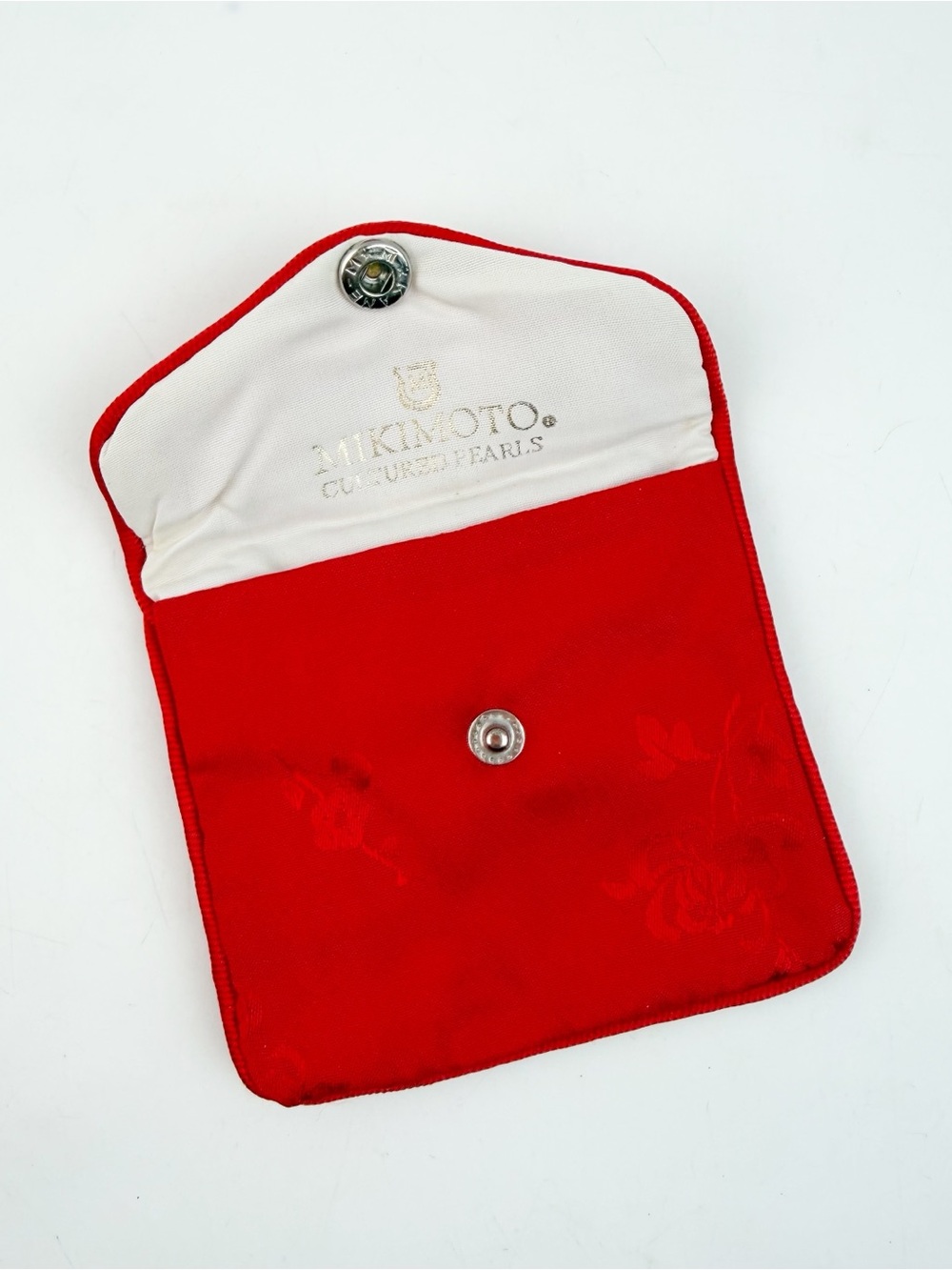 Vtg Mikimoto Cultured Pearls Red Floral Snap Pouch Jewelry Travel 80s